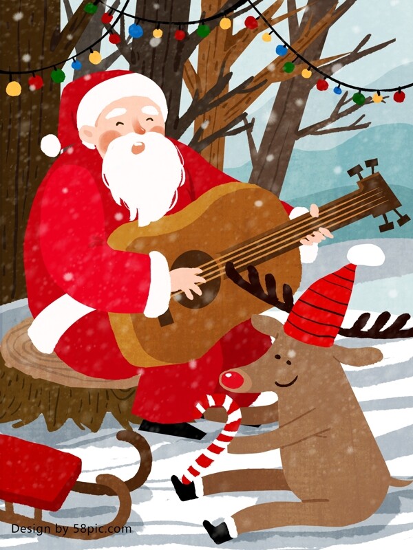 圣诞老人雪地弹吉他原创手绘插画