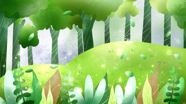 绿色手绘树林春季插画背景