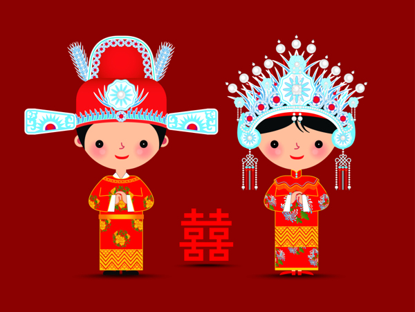 卡通可爱中国传统新娘和新郎插画