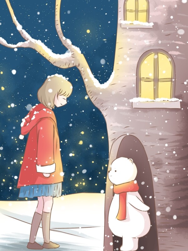 唯美冬季插画冬夜里的女孩和小熊