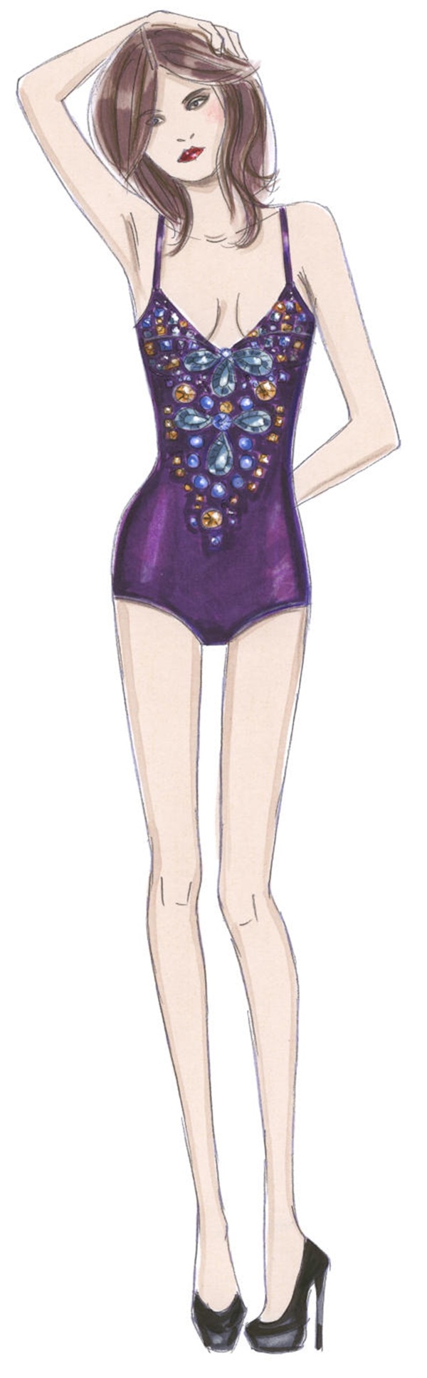 神秘紫色连体泳衣女装效果图