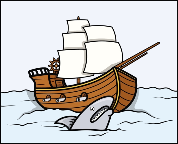 鲨鱼和海老船卡通插画矢量