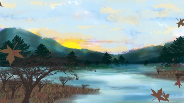 青山湖水落叶秋季风景卡通背景