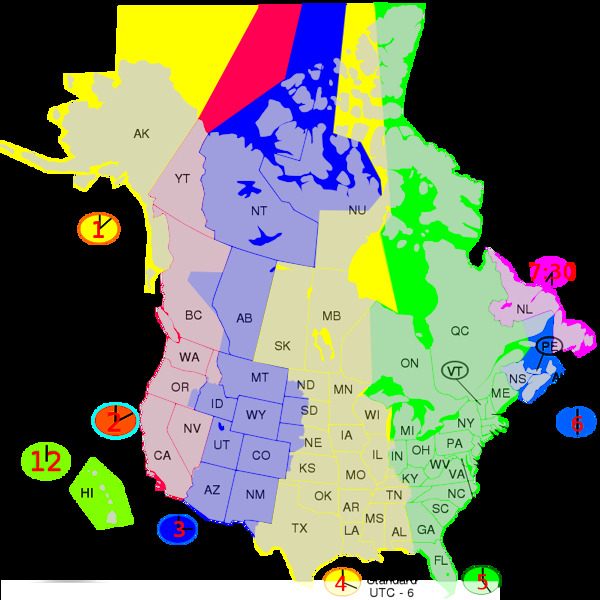 美国加拿大时区地图