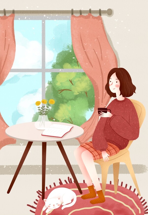 可爱女生喝咖啡休闲娱乐卡通背景