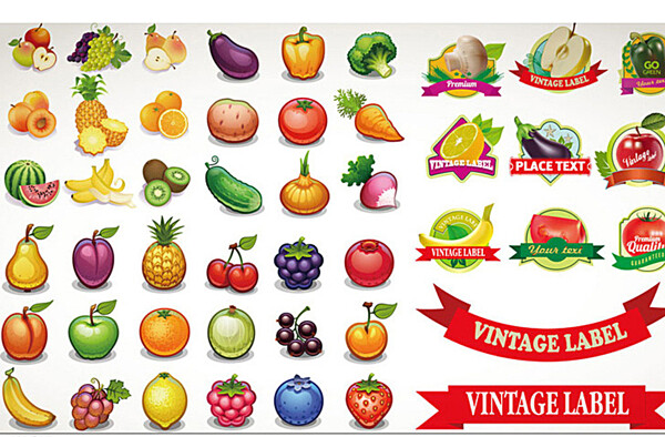 美味瓜果与标签矢量素材图片