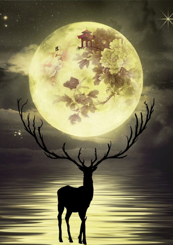 麋鹿月亮插画动物