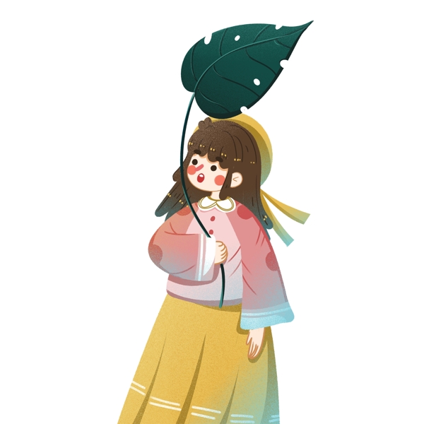 卡通手绘小清新撑着树叶伞的女孩子