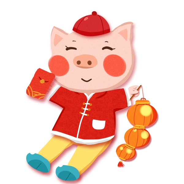 新年喜庆拿着灯笼和红包的小猪设计
