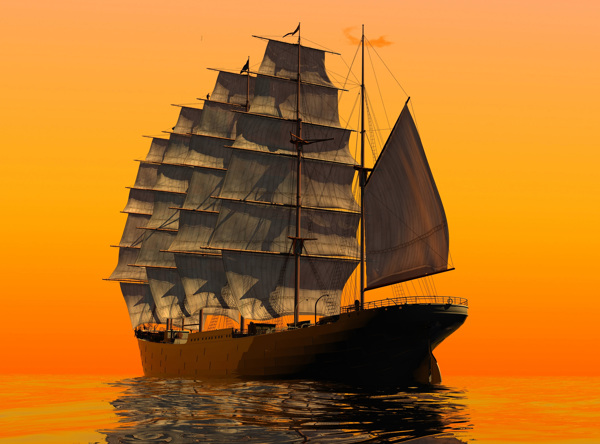 落日余晖大海上的帆船
