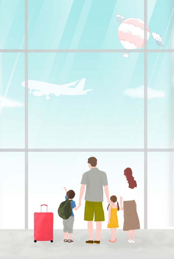 一家人机场旅行旅游坐飞机卡通背景
