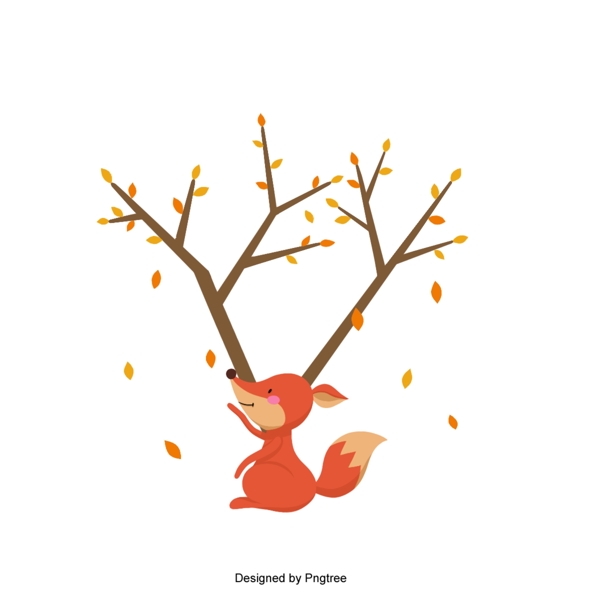 卡通可爱的狐狸看秋天的树叶