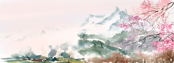 桃花盛开的山谷水彩画背景
