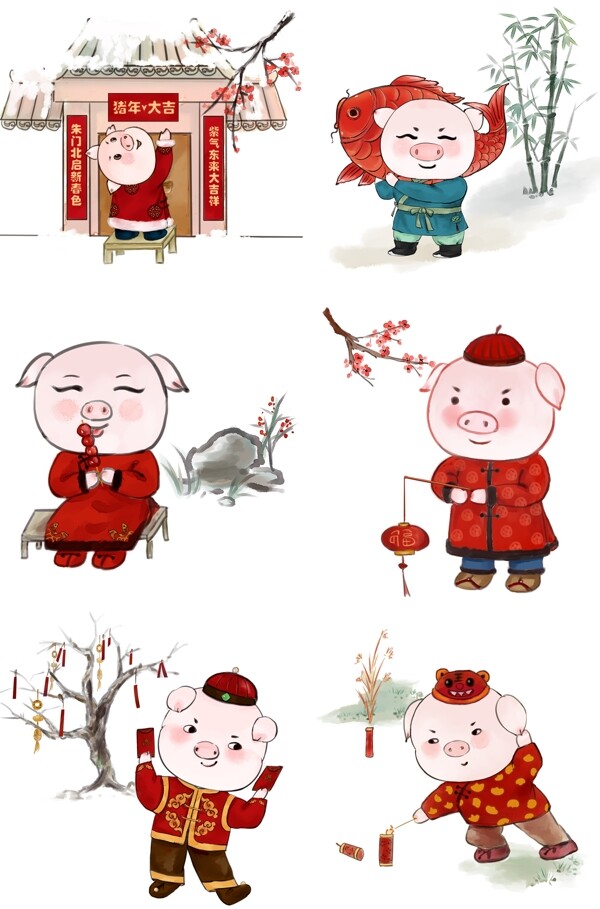 水墨中国风小猪的年味儿系列套图