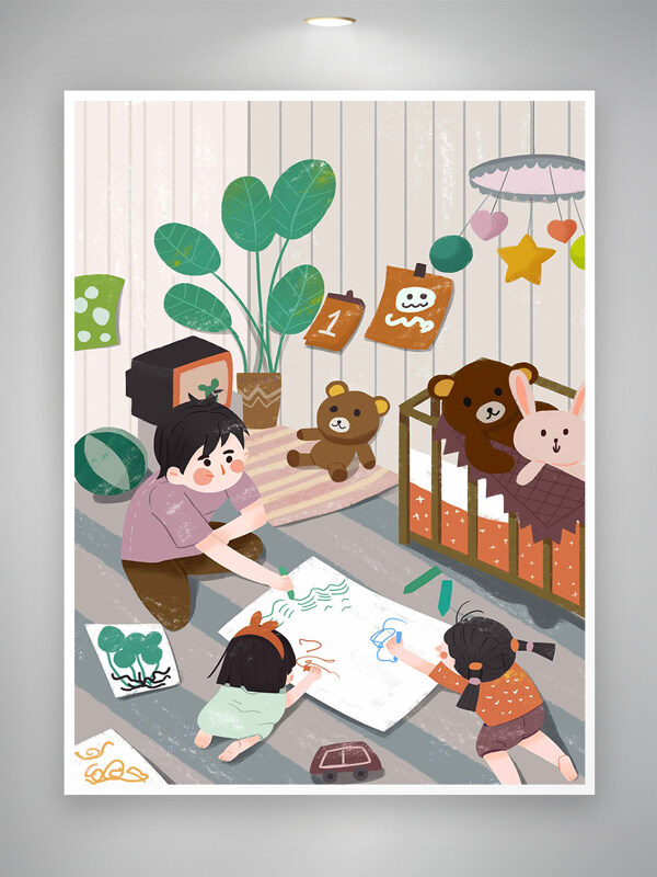 亲子共绘的温馨时光插画