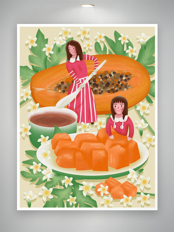 简约手绘木瓜小碎花卡通人物插画