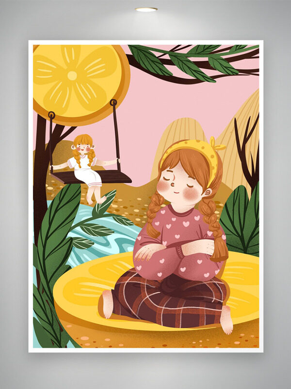 简约创意卡通手绘女生柠檬元素插画