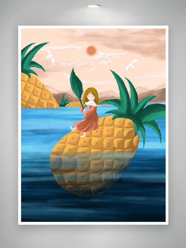 静谧温馨创意卡通手绘少女菠萝船插画