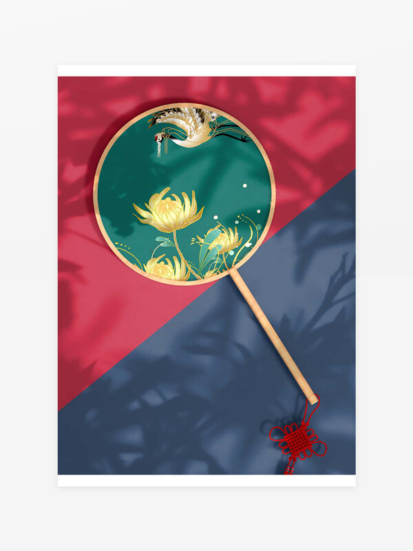 精美简约国潮手绘图案扇子样机效果图
