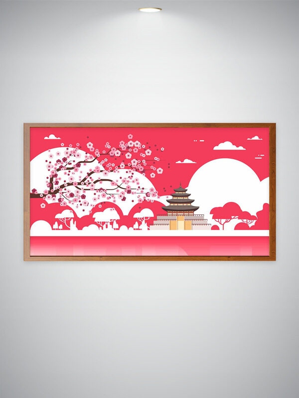 粉色背景盛开的梅花和传统中式建筑插画