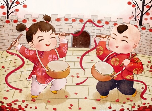 春节节日卡通插画背景素材