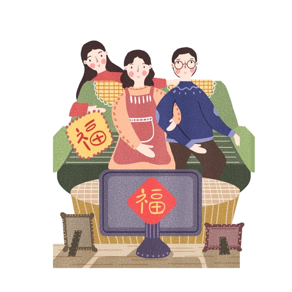 复古手绘春节看电视的一家三口人