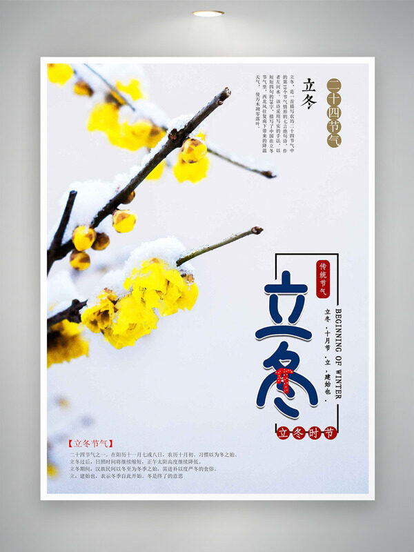 立冬节气黄色腊梅插画简约大气海报