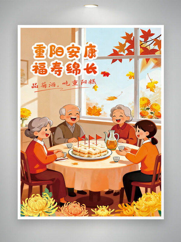 卡通手绘扁平团聚场景重阳安康福寿绵长节日海报