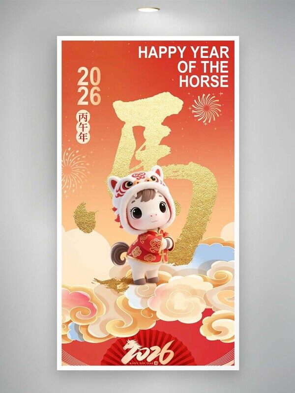 马年金字卡通福娃小马踩在浮云上新年海报