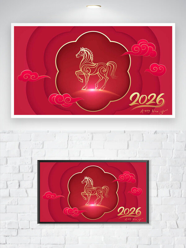 创意花卉图案手绘骏马祥云红色背景节日海报