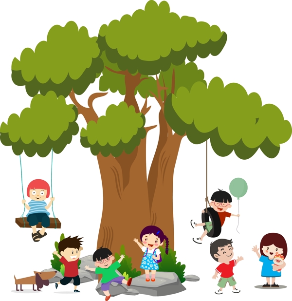 一群在大树下面玩耍的小朋友矢量图