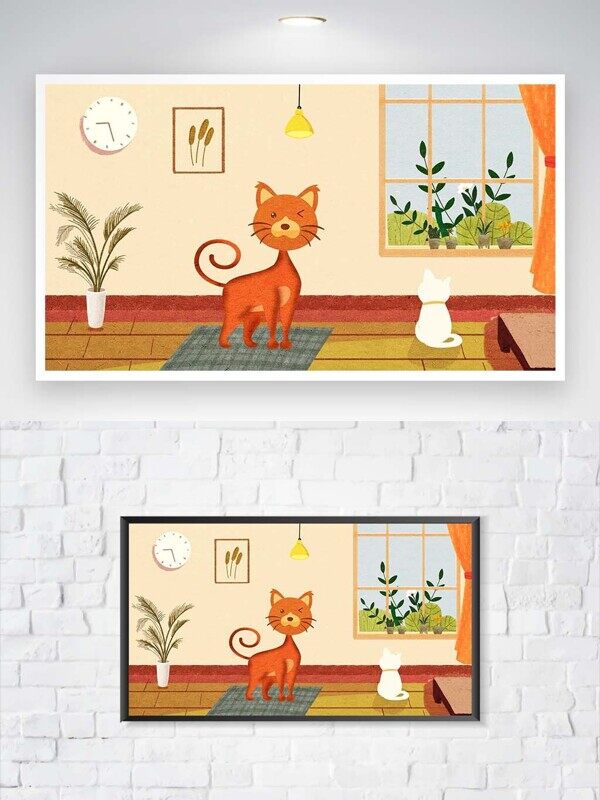 可爱小猫咪在家里站在地毯上等家人卡通动漫