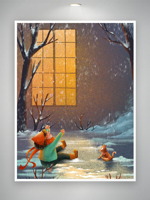 冬季户外暖光背景卡通人物看雪插画