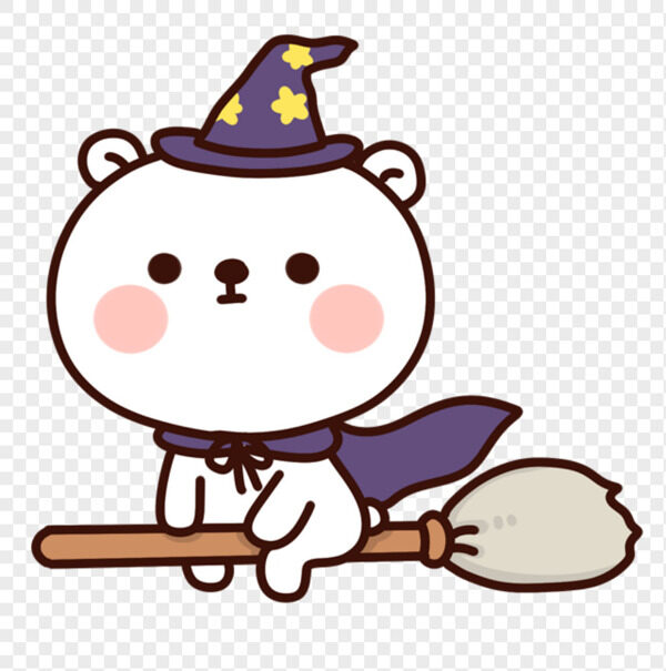 卡通手绘小白熊哈利波特戴着女巫帽骑着扫把飞