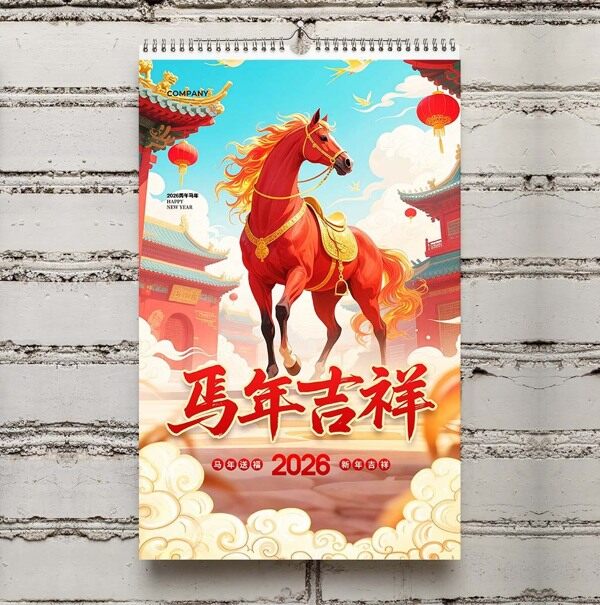 夕阳照耀金马新年快乐马年吉祥竖版台历封面