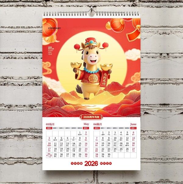 马到成功手绘卡通财神爷送元宝马年五月六月红色台历