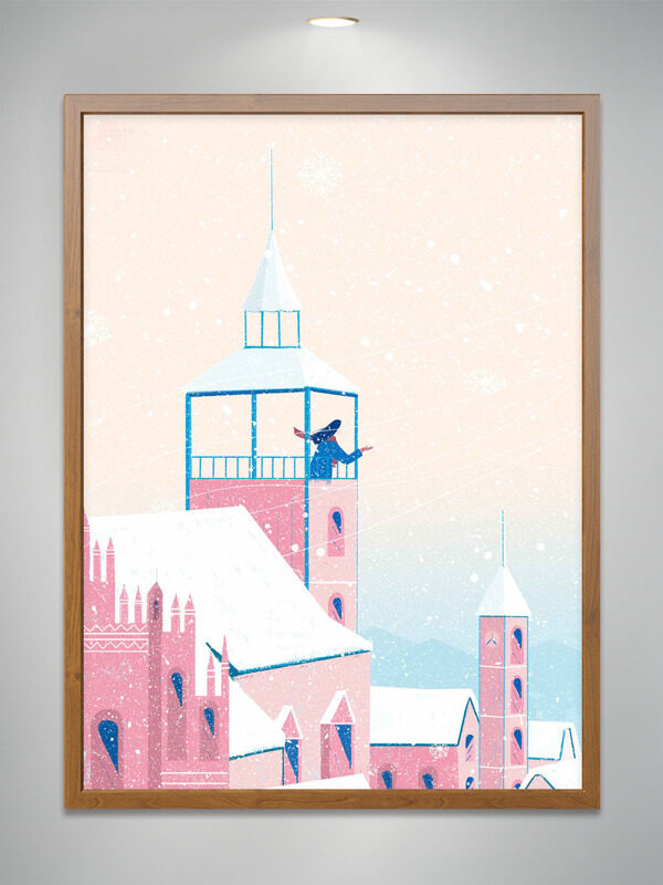 温馨冬日粉色卡通建筑插画