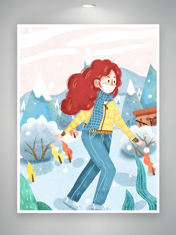 清新水彩风创意卡通人物雪地行走插画