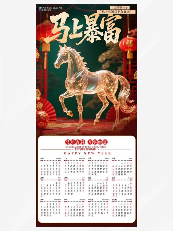 马上暴富中式骏马贺新年1到12月份日历明细