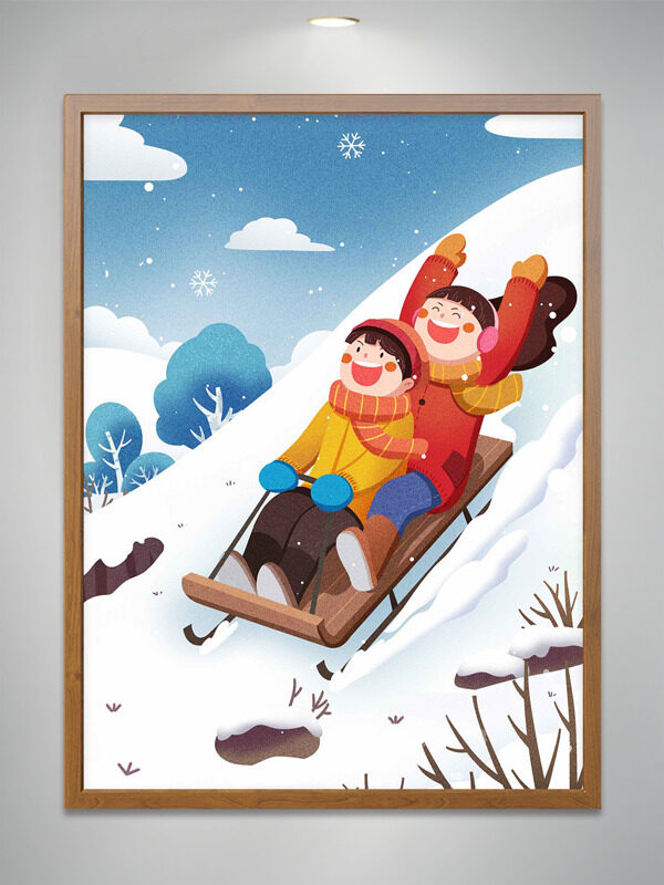 冬季雪乡儿童滑雪嬉戏卡通扁平插画