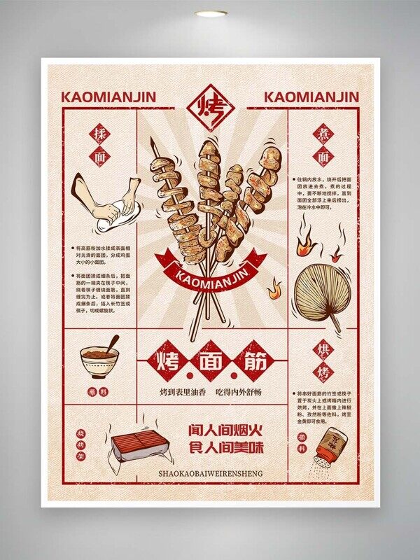 卡通手绘揉煮烘烤面筋食人间美味海报