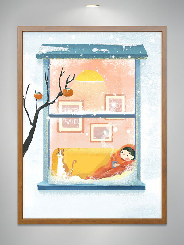 冬季室内卡通手绘蜷缩沙发人物简约创意插画