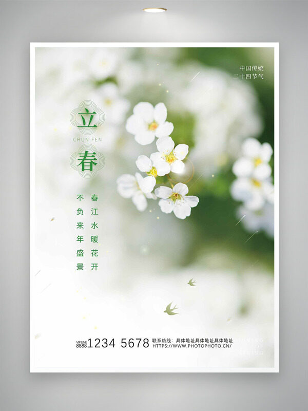 文艺简约清新背景小白花图案立春节气主题海报