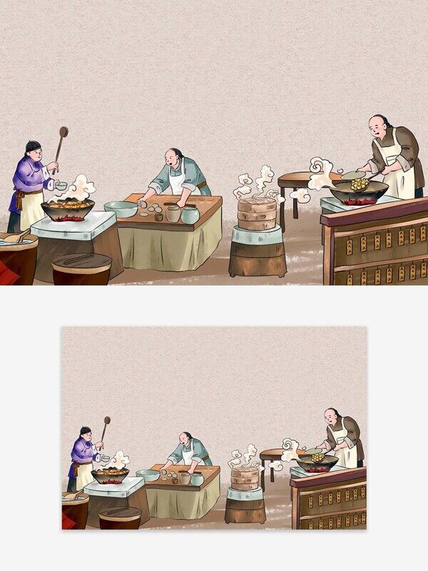 农村大席手绘风三个男人炒菜炖肉切菜做美食插画