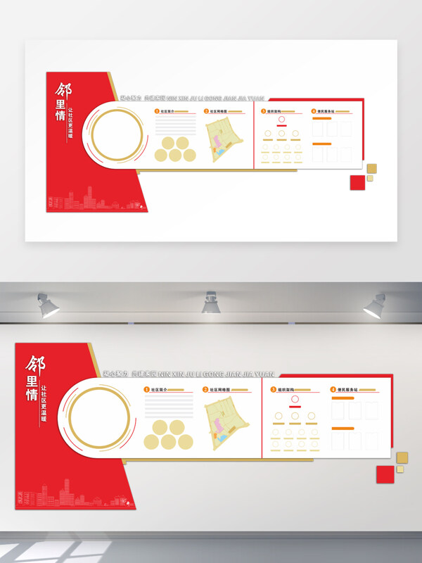 邻里情红色社区宣传文化墙展板