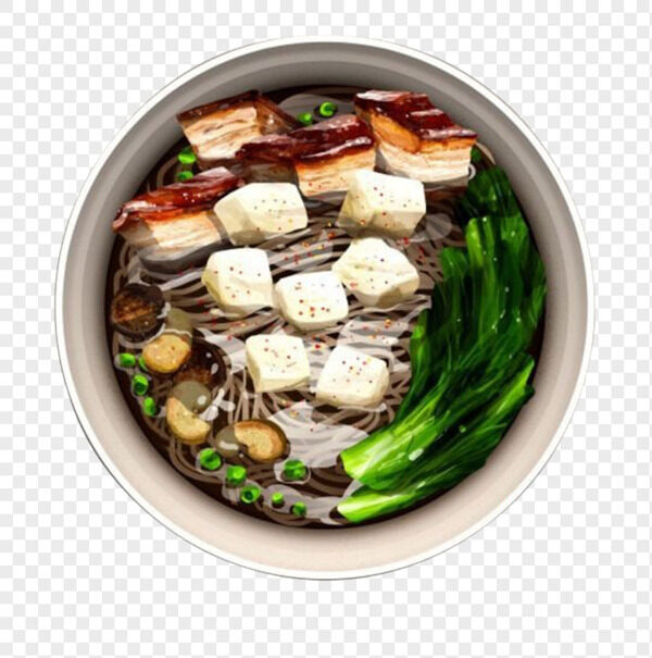 手绘日式叉烧豆腐青菜黑色荞麦面