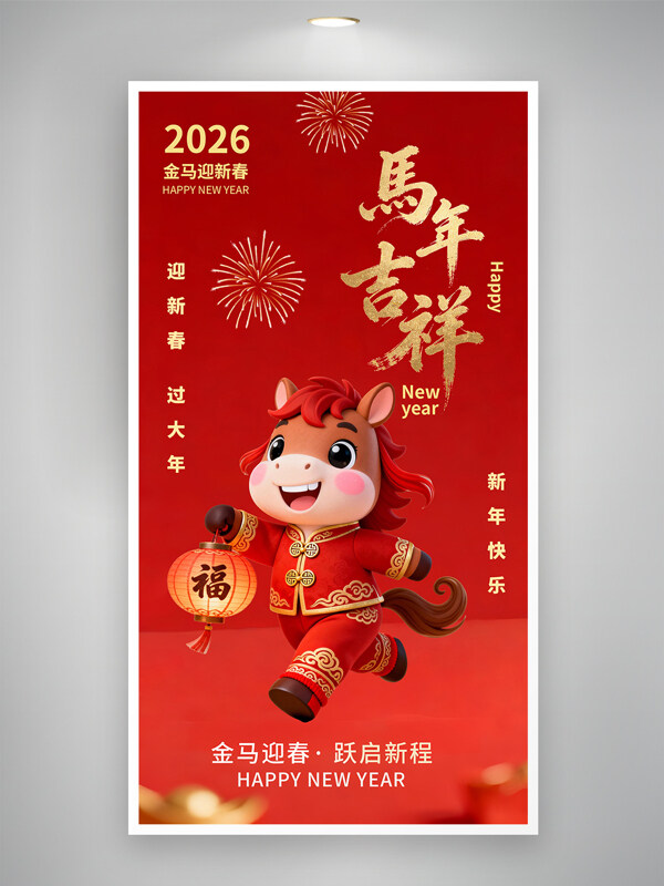 金马迎春跃启新程红色背景马年吉祥海报