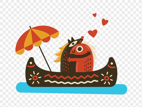 手绘卡通黑白红黄小刺猬在船上抱抱爱心插画