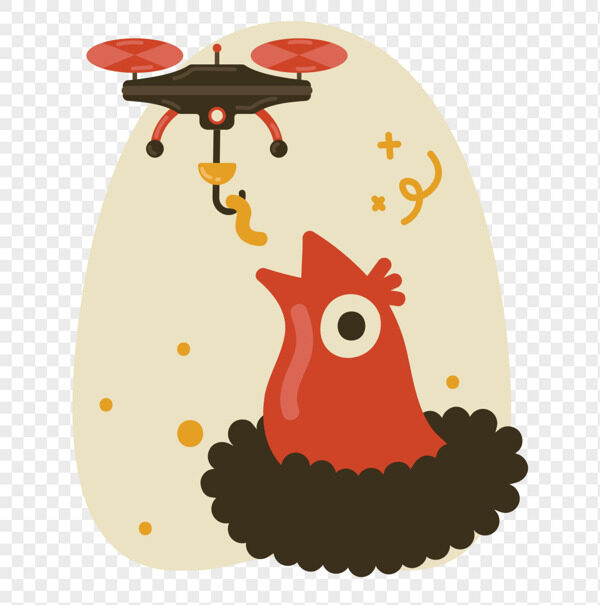 手绘高级无人机给小红鸟喂虫子卡通插画