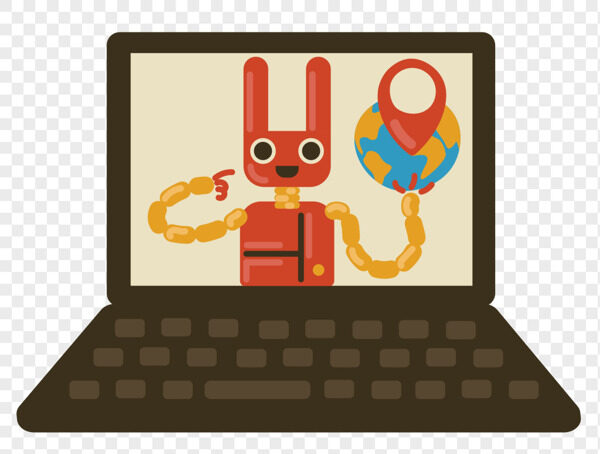 手绘笔记本电脑机器人捧地球定位动漫卡通插画